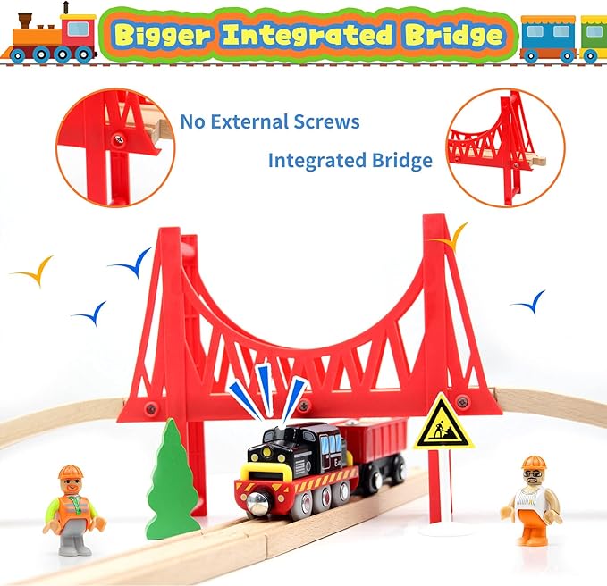 WOOD CITY Wooden Train Set, 56-Piece Deluxe Kids Toy Train Set for 2 3 4 5 Year Old Boy, Cargo-Themed Train Track with Tower Crane & Suspension Bridge - Fits Thomas Brio Chuggington Melissa Orbrium