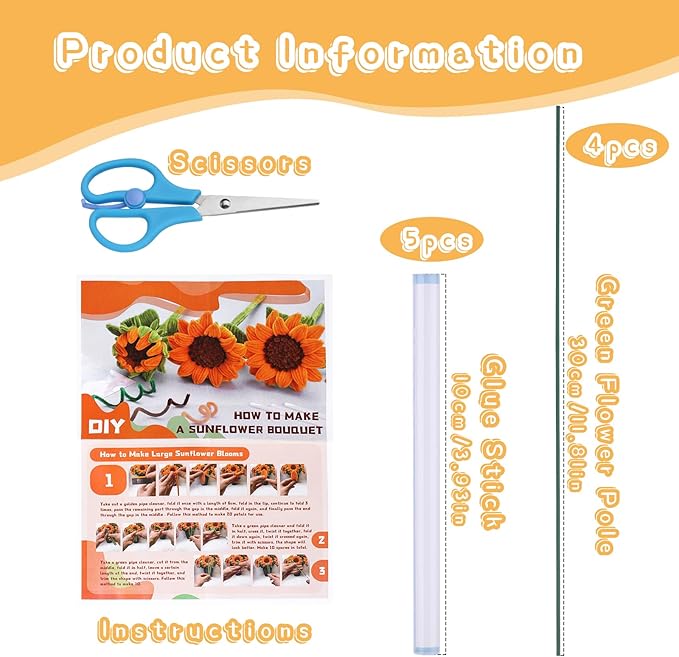190PCS Pipe Cleaners Chenille Stem Craft Flower Supplies, Pipe Cleaner Flowers Crafts, Pipe Cleaner Sunflowers Kit with Instructions, 3 Colors Pipe Cleaners Set for DIY Craft Decorations-2 Flowers