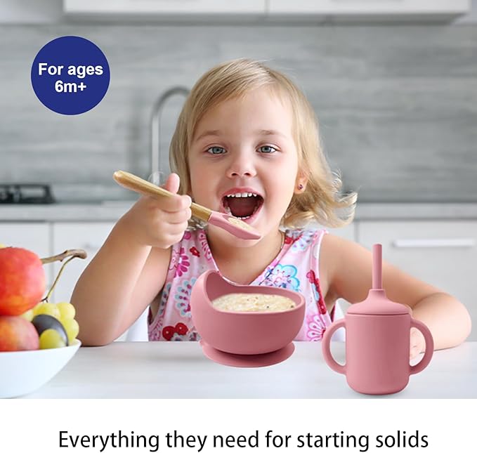 Silicone Baby Feeding Set 14 Pcs,Baby Led Weaning Supplies, Baby Spoons Suction Bowl Divided Plate Bib Cup Finger Brush,First Stage Solid Food Eating Utensils - 6+ Months(Deep Red)