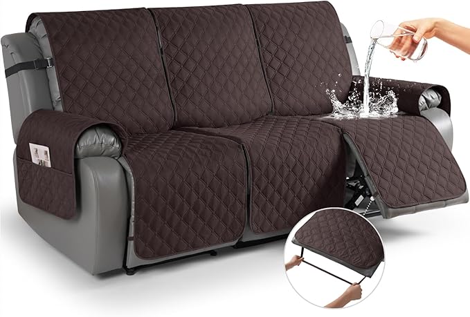 TAOCOCO 100% Waterproof Recliner Covers, Recliner Sofa Covers with Leg Straps, Reversible Recliner Couch Cover for Reclining Chair, Washable Couch Protector for Pets Kids(3 Seater, Chocolate)