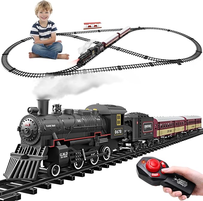 Train Set for Kids,Remote Control Locomotive Engine Under Christmas Tree,Electric Model Train W/Carriages and Long Tracks,Train Toy Gift for Boys Girls Age 4-12