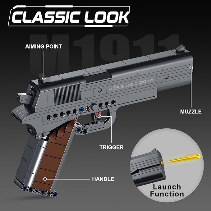 Finger Rock M1911 Pistol Model Guns Building Blocks Toy Set, DIY Simulation Handheld Gun Mechanical Model Kits, 333 pcs Collectible Construction Shootable Sniper Toys Gifts for Teens Boys Aged 14+