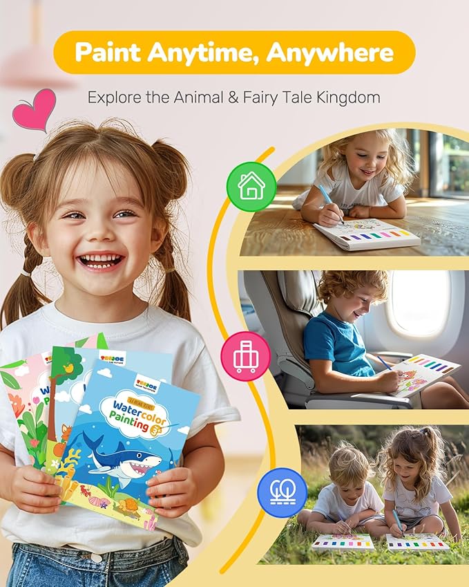 TECJOE 3 Pack Paint with Water Coloring Books for Toddlers, Watercolor Paint Set with 6 Brushes, Painting Activity for Kids Ages 4 5 6 7 8, Christmas Gift Arts & Crafts Toy, Princess, Forest & Sea