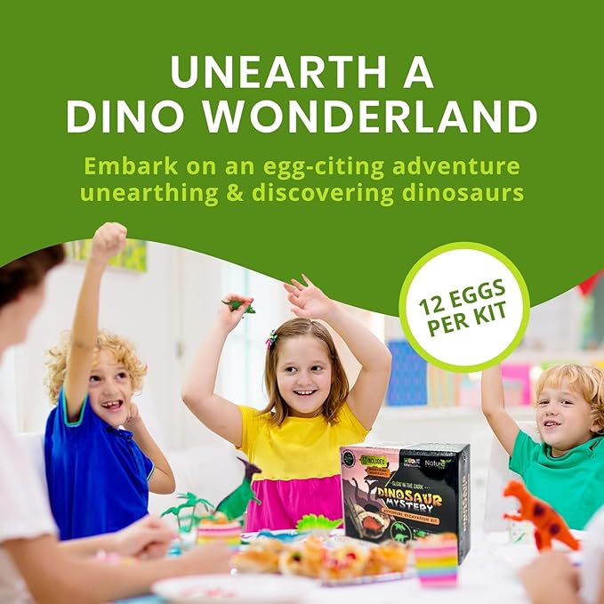 Nature Gear Dino Dig Kit for Kids, Dinosaur Eggs Digging Kit, Educational Egg Excavation Kit with 12 Glow in The Dark Mystery Dinosaurs, Interactive Archaeology Fossil Toy for Kids Age 3-5 and Up