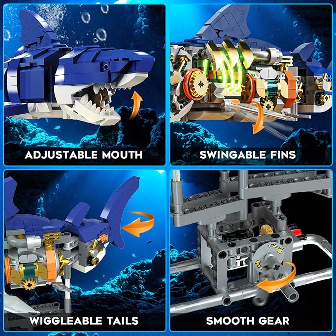 Mechanical Shark Building Set with LED Light, 687 PCS Movable Ocean Animal with Display Stand, Sea Fish Building Block Toy, Home Decor Gift for Adults Teens Kids Boys Ages 12+