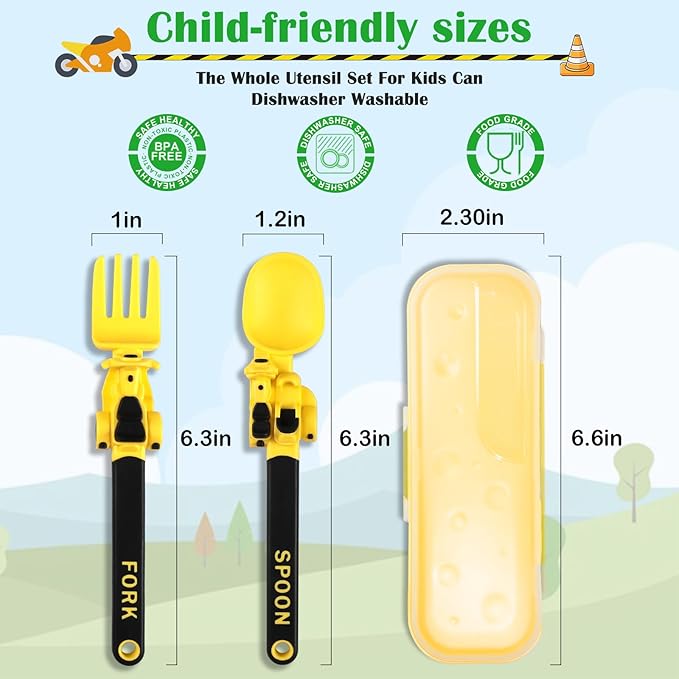 Construction Utensils for Toddlers - Toddler Forks and Spoons - Toddler Spoon and Fork Set - for Kids Utensils - Baby Utensils - Portable Utensil Set for 1 2 3 4 5 years old - Yellow