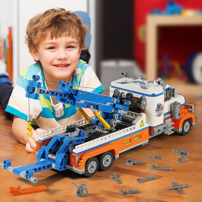 Tow Truck Building Block Set,Road Rescue Vehicle with Crane Toy Model Building Kit,City Crane Construction Vehicles Building KIt,Gifts for Kids Ages 6+