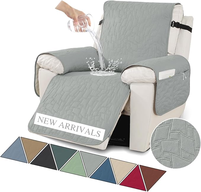XINEAGE 100% Waterproof Recliner Chair Covers with Elastic Straps, Nonslip Reclining Couch Covers Washable Recliner Couch Cover with Pockets Furniture Protector for Pets Dogs (Light Gray, 25")