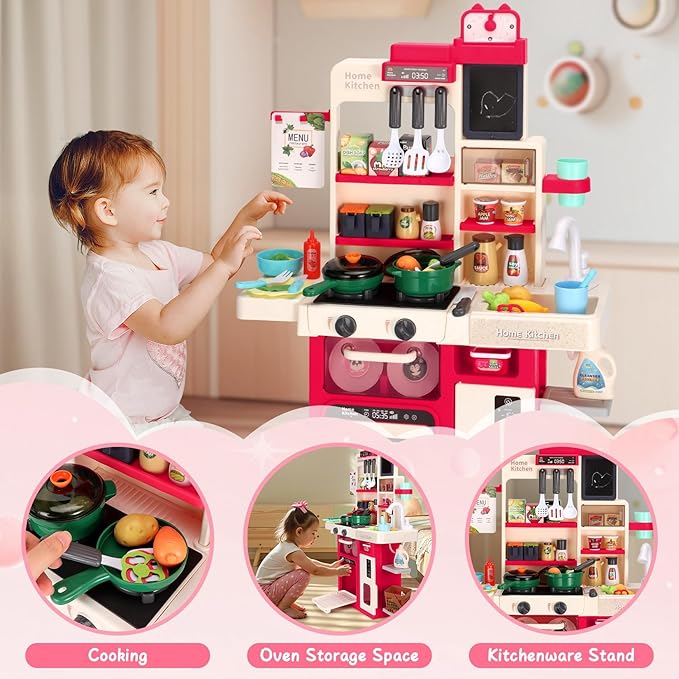 Kids Kitchen Playset, Easface Play Kitchen for Toddlers 1-3 with Sound and Light, Cooking Stove with Steam, Play Sink and Toy Kitchen Accessories Pretend Kitchen Toys for Girls Boys 3-5 (Red)