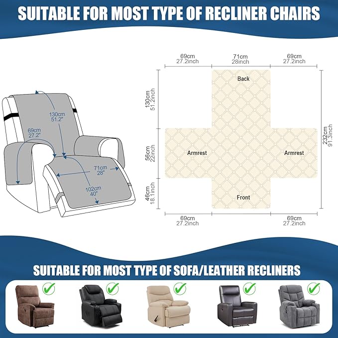 TAOCOCO 100% Waterproof Recliner Covers, Recliner Sofa Covers with Leg Straps, Reversible Recliner Couch Cover for Reclining Chair, Washable Couch Protector for Pets Kids(1 Seater 28", Sky Blue)