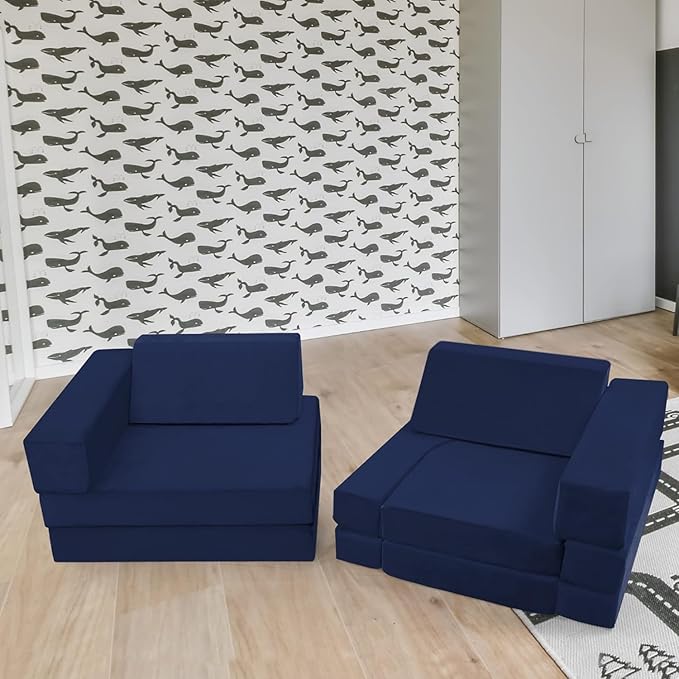 MeMoreCool Modular Kids Play Couch, 10 Piece Foam Lounge Sofa for Playroom, Large Toddler Bed and Block Couch for Boys, Navy