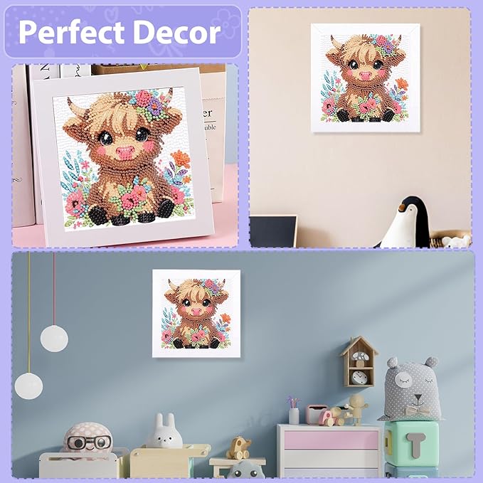 hkejoi Highland Cow Diamond Painting Kits for Kids with Frame- Highland Cow Diamond Art Kits, Animal Big Gem Diamond Painting Arts and Crafts Painting Kit for Gift Home Wall Decor 7x7inch