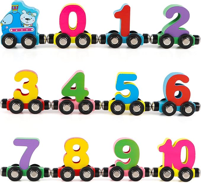 Wondertoys 12 PCS Wooden Train Set Toy Wooden Magnetic Number Train Set Includes 1 Engine Cars for Toddlers Boys and Girls, Compatible with Major Brands Train Set Tracks