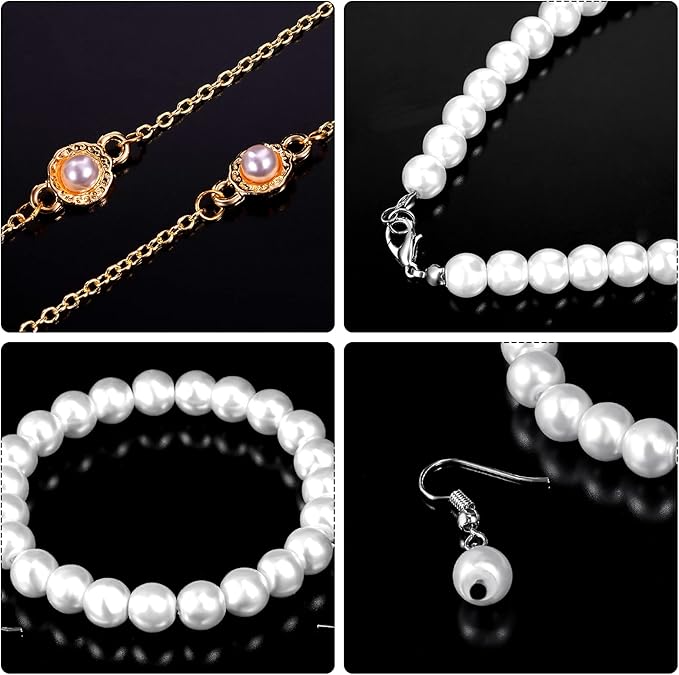 Tatuo 7pcs Halloween Old Lady Costume Granny Wig Shawl Cane Frame Glasses with Chain Pearl Necklace Bracelet Earrings