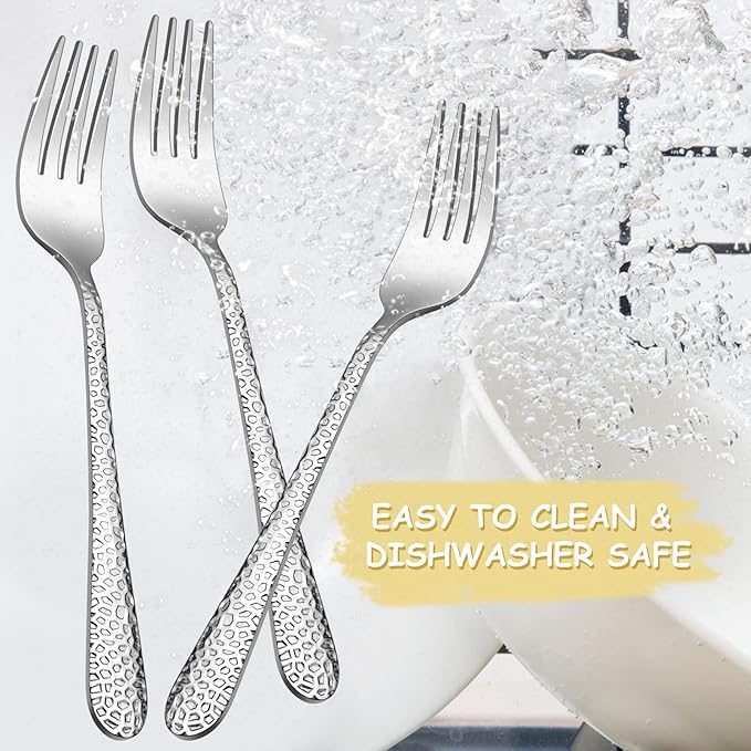 TeamFar Toddler Forks, Stainless Steel Toddler Utensil Silverware Baby Forks for Self Feeding at Home & Preschool, Healthy & Non Toxic, Mirror Polished & Hammered Handle, Dishwasher Safe, Set of 6