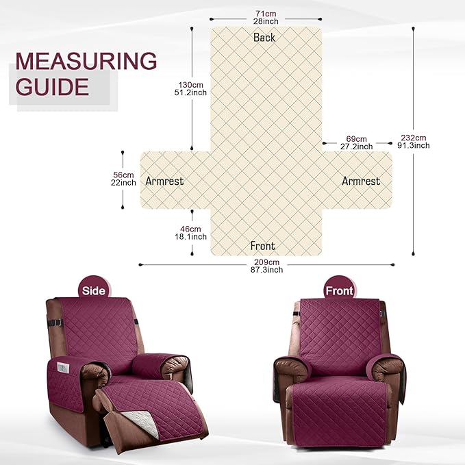 KinCam 100% Waterproof Recliner Chair Cover, Reclining Couch Covers for Pets, Dogs, Recliner Couch Slipcover Furniture Protector with Elastic Straps for Kids(28", Burgundy)