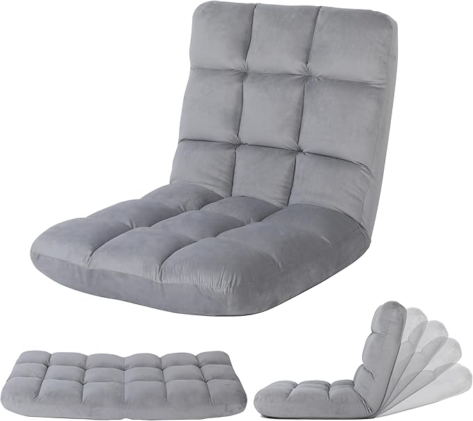 YSSOA Floor Chair Folding with Back Support Convertible Comfy Chair Memory Foam Padded Sleeper Recliner Sofa Chair Gaming Chair Floor for Bedroom Working Meditation Reading Adults Kids Grey