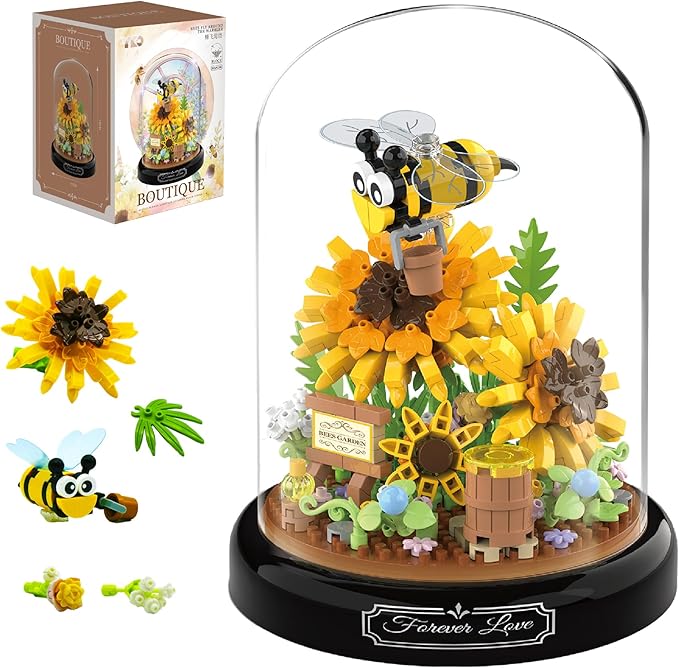 Bee Garden Building Blocks Set - 548 PCS Mini Brick Blocks with Base and Dust Cover, Artifical Flower Office Home Décor for Mother Friend Girlfriend