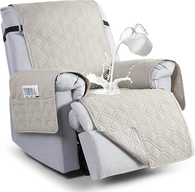 VANSOFY 100% Waterproof Recliner Chair Covers, Recliner Cover Non-Slip Dog Chair Cover Furniture Protector Washable Slipcover with Pocket, Elastic Straps for Pets, Dogs(Beige, 28")
