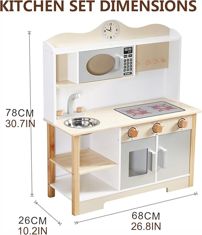 Wooden Play Kitchen, Kids Toy Kitchen Cooking Set, Kids Play Kitchen Pretend Play Set, Pretend Kitchen Playset for Toddlers Boys and Girls