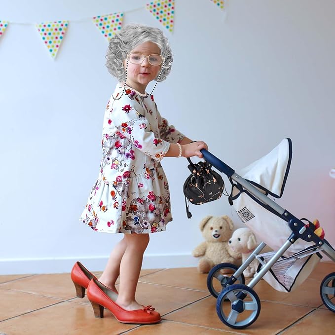 9 PCS 100 Days of School Old Lady Wig Set Include Wig Glasses Necklace Bracelet Glasses Chain Bag Cane and Stickers