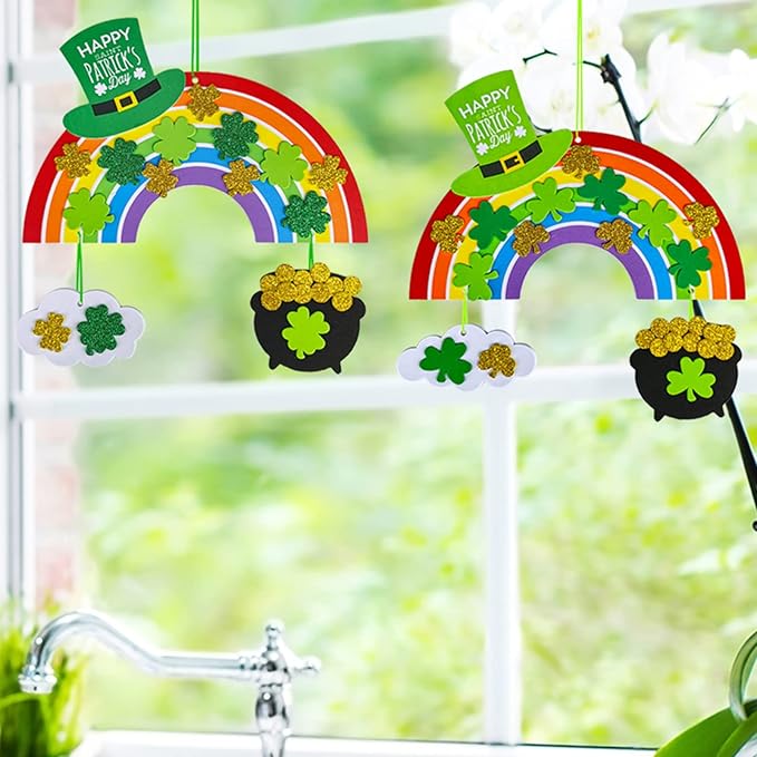 Winlyn 12 Sets St. Patrick's Day Decorations Rainbow Ornaments DIY St. Pat's Craft Kits Rainbow Four-Leaf Clover Irish Lucky Shamrock Foam Stickers for Kids Party Classroom Home Activity Art Project