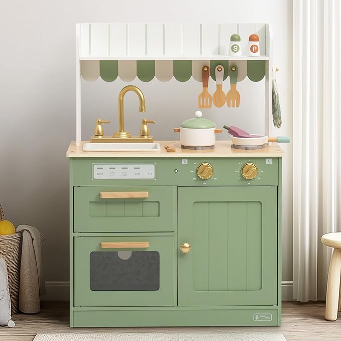 ROBUD Wooden Play Kitchen Set for Kids, Pretend Play Kitchen Toy Set with Golden Faucet, Sink, Oven, Stove, Cabinet, Vintage Style, Gift for Boys & Girls Ages 3+ (Green)