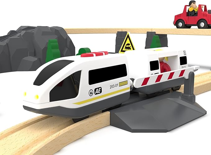 Wooden Train Set Accessories Battery Operated Locomotive Train, Remote Control Train Vehicles for Wood Tracks, Powerful Engine Train Cars Fits All Major Brands of Railway System (Battery Not Included)