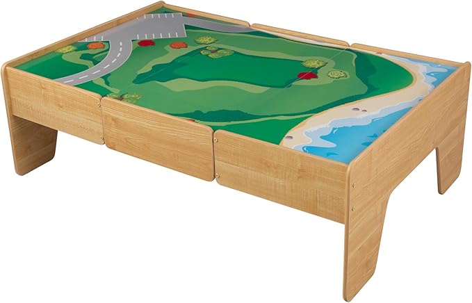 KidKraft Double-Sided Wooden Train and Activity Table with Built-in Storage Drawer, Natural, Gift for Ages 3+
