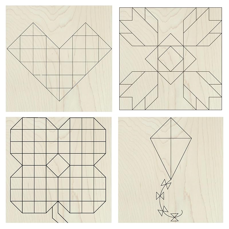 Set of 4 Barn Quilt Kit DIY Pattern Unfinished Wood Quilting Block Sign Paintable Art for Adults and Kids (6 Inches Square) (Spring Set) Kite, Shamrock, Tulip Flower, Patchwork Heart, AVTRBoutique