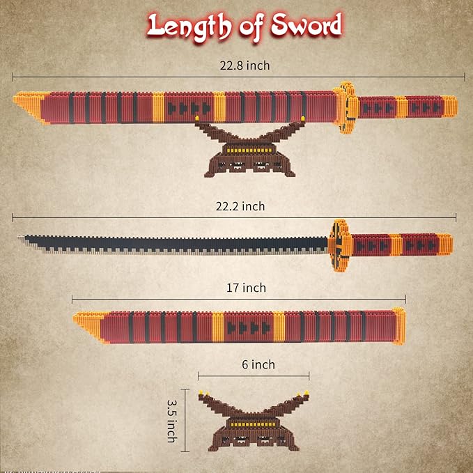 Cosplay Anime Swords Building Blocks, 22.8in One Piece Yamato Roronoa Zoro Katana Sword Building Set with Scabbard & Stand, Demon Slayer Samurai for Kid(1000+PCS)