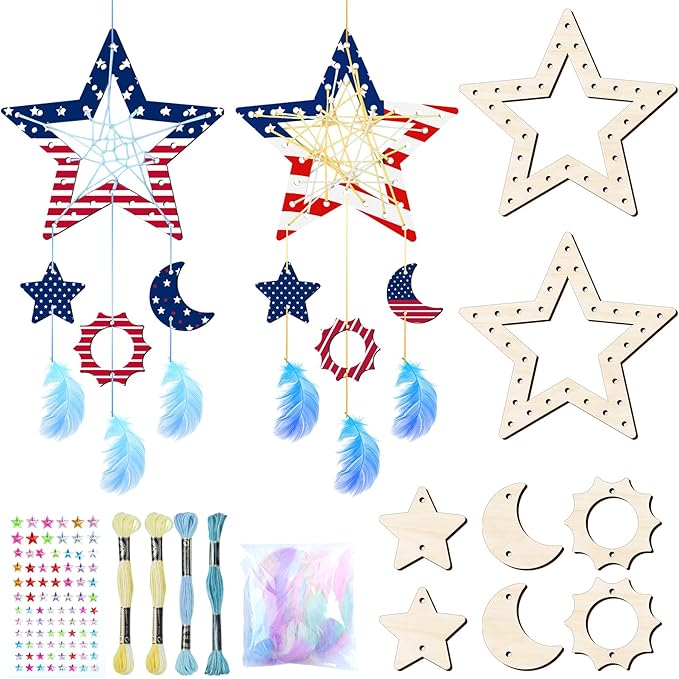 8Pack Star Dream Catcher Kit fot Kids,Unfinished Wood Star Shape Coloring 4th of July Craft DIY Crafts Wooden Patriotic Star Ornaments for Home Classroom Decorations Independence Day Party Favors