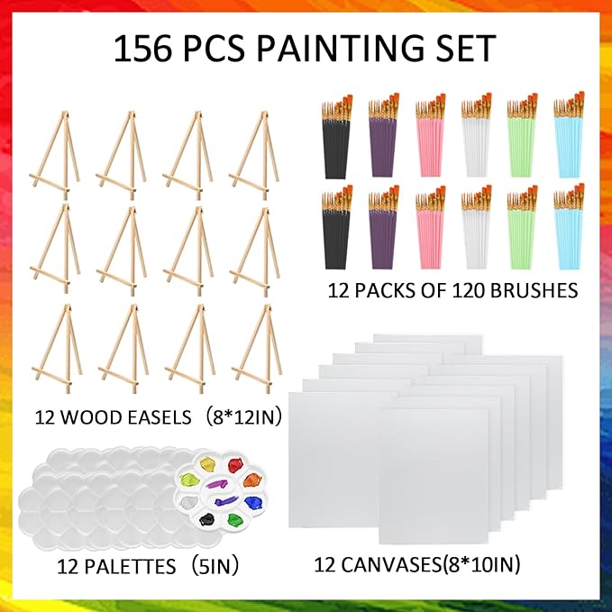Rabbitale 156 Pcs Art Painting Kit Supplies Set for Kids to Party - 12 Packs of 120 Brushes, 12 Wood Easels(8 * 12in), 12 Canvas Panels(8 * 10in) & 12 Palettes(5in), No Paint