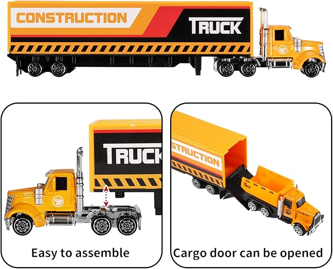 TEMI Diecast Engineering Construction Vehicle Toy Set w/Play Mat,Truck Carrier, Forklift, Bulldozer, Excavator,Dump Truck, Alloy Metal Car Toys Set for 3 4 5 6 Years Old Toddlers Kids Boys & Girls