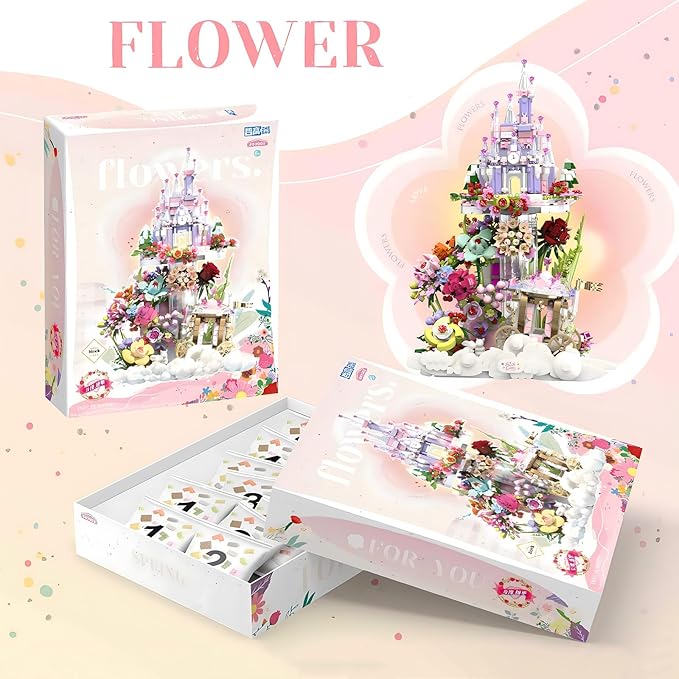 Garden Castle Building Blocks Kit with Led Lighting Flowers for Adults and Kids (1892 Pieces)