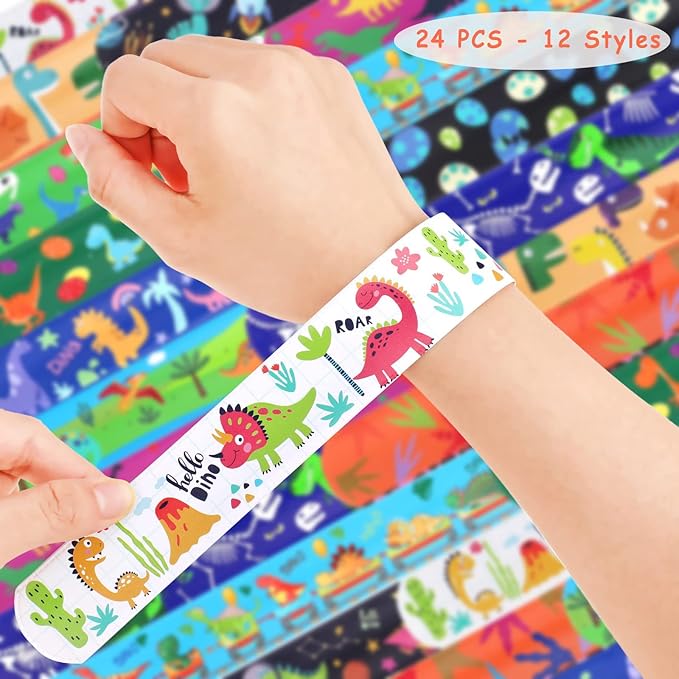 Viicoor 24 PCS Slap Bracelets Dinosaur Snap Bracelet Wrisrtband for Party Favors School Prizes Birthday Gifts Party Favors Bulk (10-Dinosaurs-24PCS)