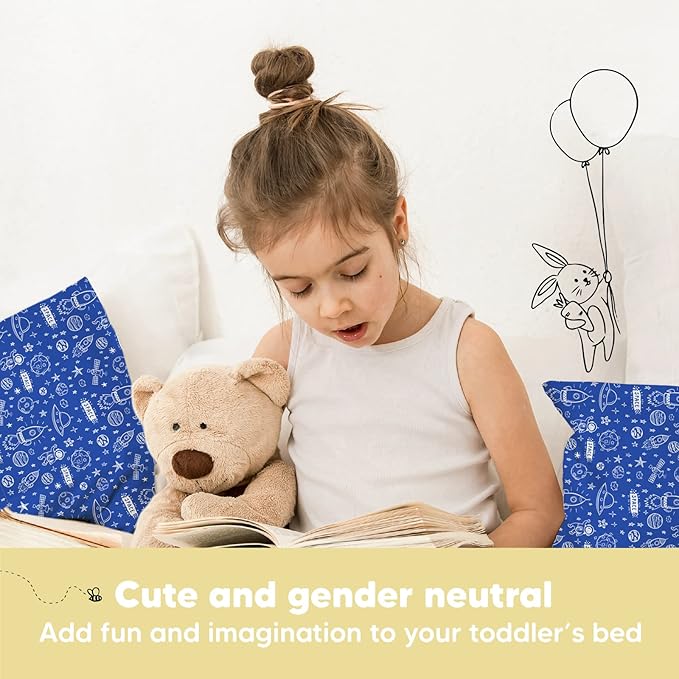 Toddler Pillow with Pillowcase - 13x18 My Little Dreamy Pillow, Organic Cotton Toddler Pillows for Sleeping, Kids Pillow, Travel Pillows,Mini Pillow,Nursery Pillow,Toddler Bed Pillow (Off to Space)