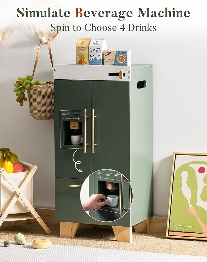 ROBOTIME Wooden Toy Fridge - Play Kitchen Set with Accessories, Kitchen Playset Interactive Refrigerator for Pretend Play Fridge for Kids, Toddler Kitchen Appliance (Vintage Green)