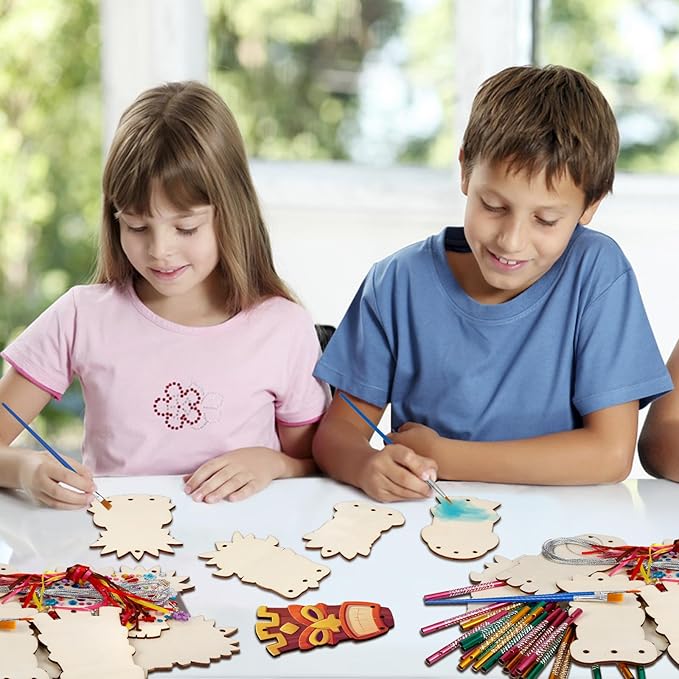 Fennoral 9 Pack Wind Chime Kit for Kids Make Your Own Tiki Wind Chime Wooden Arts and Crafts for Girls Boys DIY Coloring Hawaii Craft for Hawaii Summer Aloha Party Supplies Luau Party Decoration