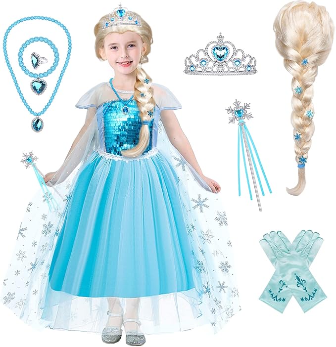 Tacobear Elsa Costume for Girls Kids Elsa Wig Blue Crown Glove Princess Dress Up Accessories Birthday Cosplay Outfit