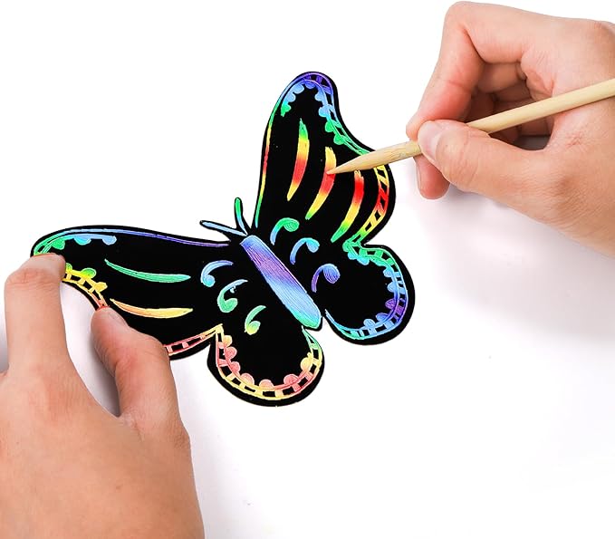 Mezchi 120 Pcs Butterfly Scratch Art for Kids, Rainbow Scratch Paper with 12 Wooden Stylus, Black Scratch Off Paper for Kids, Butterfly Crafts for Kids DIY Crafts, Scratch Art Party Favors,12 Styles