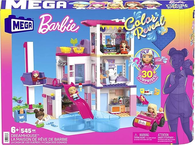 Mega Barbie Color Reveal Building Toys Set, DreamHouse with 545 Pieces, 5 Micro-Dolls, 6 Pets and Accessories, 30 + Surprises, Kids Ages 6+ Years