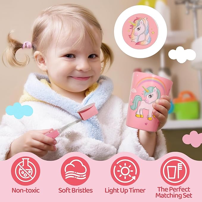 Lily's Home Kids Flashing Timer Toothbrush kids with Soft Bristles, Rising Cup & Cover - Fun 2-Min Light-Up Brushing for Children - Toddler Toothbrush Soft Toothbrush Kit (unicorn)- set of 2