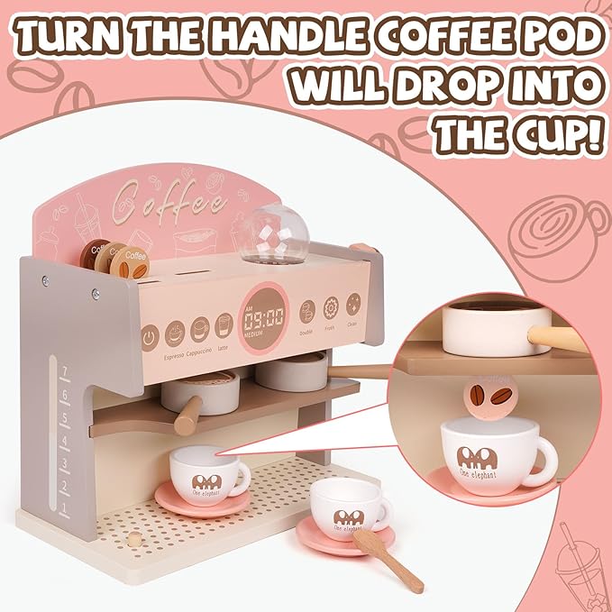 Kids Wooden Coffee Maker Playset Espresso Machine Playset with Grinder Toddler Pretend Play Montessori Kitchen Accessories Realistic Kitchen Toy,Gift for Toddler Boys & Girls