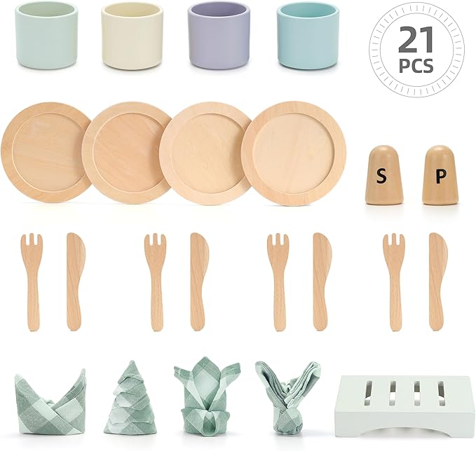 Wooden Toy Dish Set Toddler Plates and Cutlery Set Children's Kitchens Accessories Kids Role Play Food Gift for Girls and Boys