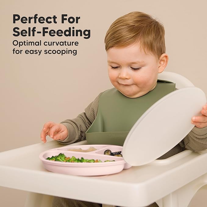KeaBabies Suction Plates with Lids for Baby - 3-Pack 100% Silicone Suction Plates for Baby, Kids,Toddler Plates,Divided Baby Plates with Suction,Lids, BPA-Free, Microwave, Dishwasher Safe (Rain)