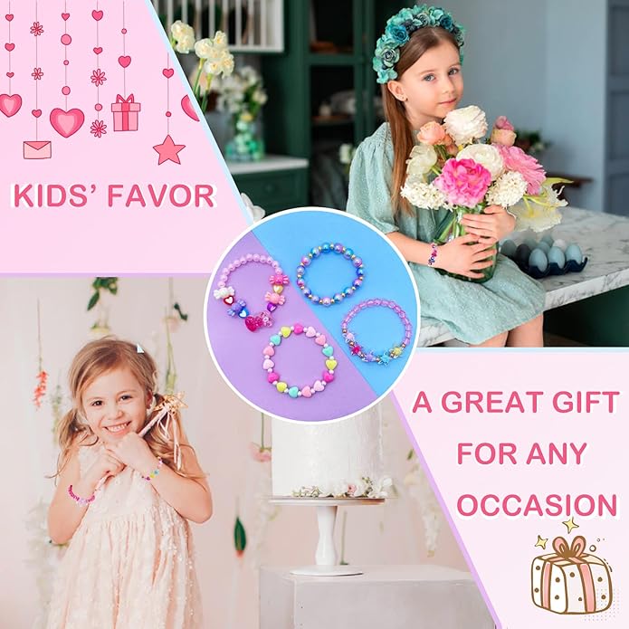 9 PCS Cute Kids Bracelets for Girls Pink LOVE Beaded Bracelets Little Girls Costume Jewelry Princess Party Favors Pretend Play Birthday Easter Christmas Valentines Toddler Jewelry