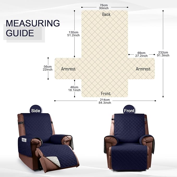 KinCam 100% Waterproof Recliner Chair Cover, Reclining Couch Covers for Pets, Dogs, Recliner Couch Slipcover Furniture Protector with Elastic Straps for Kids(30", Dark Blue)