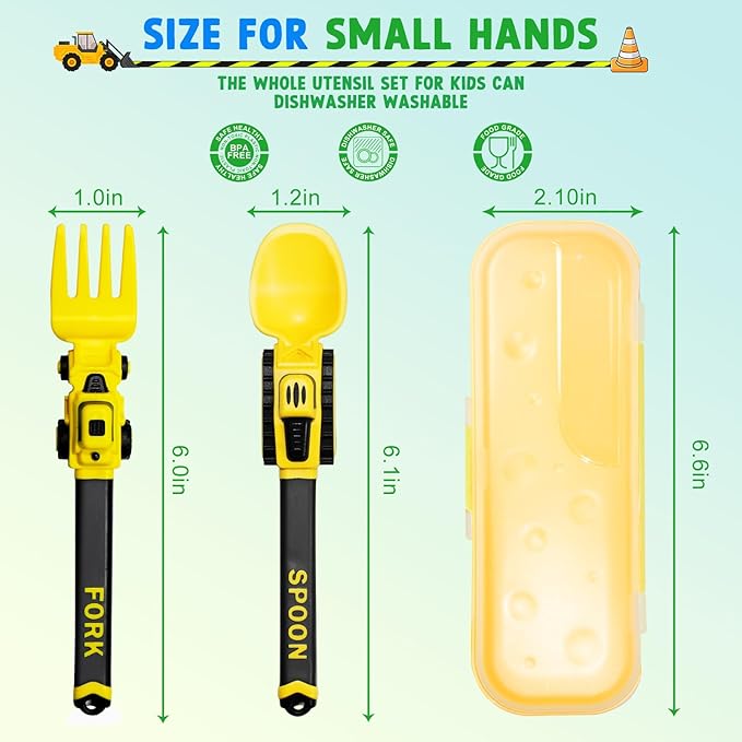 Construction Toddler Utensils - Reusable Plastic Toddler Fork and Spoon & Storage Case - Suitable for Kids Utensils Toys - Used for Toddler Gifts - Birthday Gifts for 1 2 3 4 5 6 7 year old
