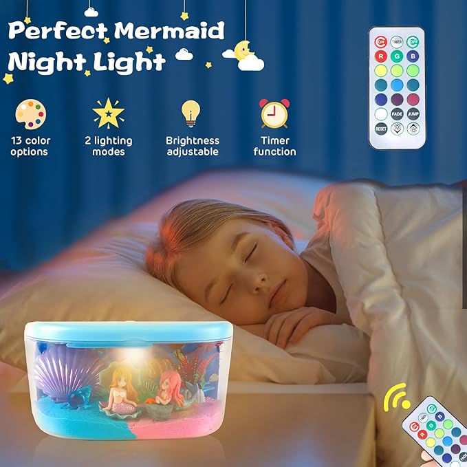 Mermaid Terrarium Light Up Kit for Kids - Birthday Gift for Girls 4-5-6-7-8-11 Year Old, DIY Mermaid Craft Toy with LED Night Light & Remote - Creative Arts and Crafts Gift for Girls Ages 4-12